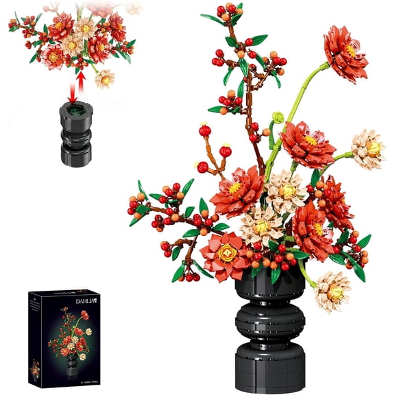 Dahlia Building Blocks Flower Arrangement, 1416 PCS Elegant Floral Display Set, Compatible with Lego Flowers, Decorative Artificial Flower Bouquet Gift for Holidays, Birthdays & Home Dcor
