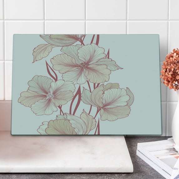 Dahlia Cutting Board, Romantic Vintage Toned Floral Bouquet Shabby Grace Feminine Garden, Decorative Tempered Glass Cutting and Serving Board, in 3 Sizes, by Ambesonne