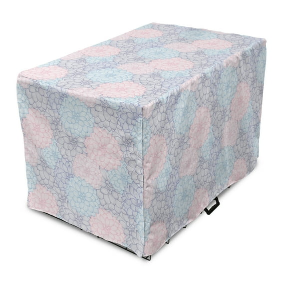 Dahlia Dog Crate Cover, Stripy Hand-Drawn Dahlia Pale Colored Blossoms in Pink Purple and Blue, Easy to Use Pet Kennel Cover for Medium Large Dogs, 35" x 23" x 27", Sea Green Rose Taupe, by Ambesonne