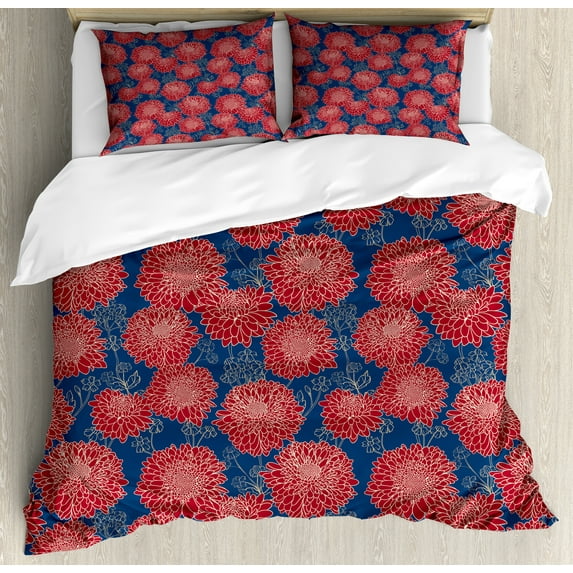 Dahlia Duvet Cover Set, Flower Bouquets Gardening Theme Shabby Feminine Blossoms Meadow Pattern, Decorative 3 Piece Bedding Set with 2 Pillow Shams, Calking Size, Ruby and Night Blue, by Ambesonne