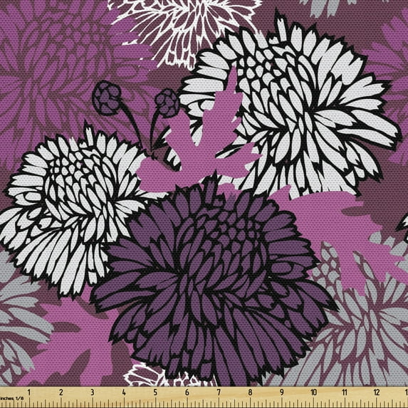 Ambesonne Dahlia Fabric by the Yard Upholstery, Large Floral Petals Bud, 2 Yards, Pale Pink Eggplant White