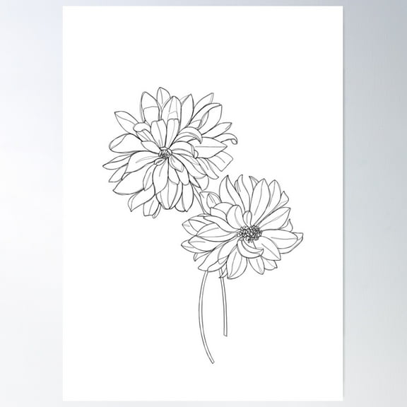 Dahlia Floral Line Drawing Illustration Poster Wall Art, Modern Wall Decor For Living Room Bedroom, 8x12 UNFRAMED