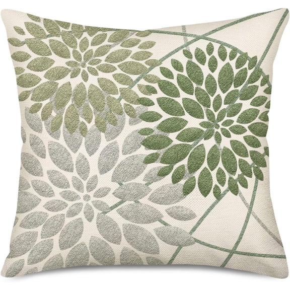 Dahlia Floral Pillow Covers 18x18 Inch Summer Geometric Flower Leaves Green Grey Throw Pillow Cases Linen Square Farmhouse Outdoor Decor Cushion Cover for Home Bedroom Living Room