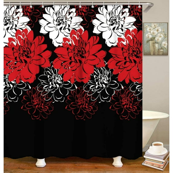 Dahlia Floral Shower Curtain, Black and Red Shower Curtain, Red and White Shower Curtain, Flowers Red Black Fabric Bathroom Decoration with 12 Hooks Machine Washable, 72" W x 72" H
