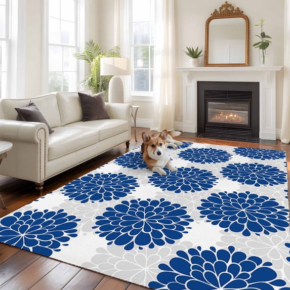 Dahlia Flower Area Rug 5x8 FT, Non Slip Bedroom Throw Carpet, Farmhouse Botanical Blue Grey Floral Washable Soft Floor Carpet Non-Shedding Rug for Living Room Nursery Dorm Office