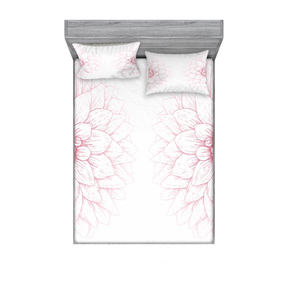 Dahlia Flower Bedding Set with Sheet & Covers, Simplistic Drawing of Bushy Sunflower Daisy Like Large Petals Image Print, Printed Bedroom Decor 2 Shams, 4 Sizes, White Pink, by Ambesonne