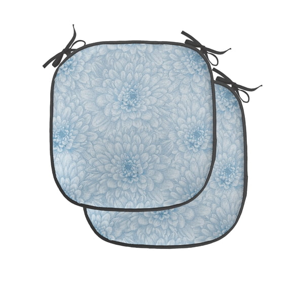Dahlia Flower Chair Seating Cushion Set of 2, Retro Style Monochrome Pastel Water Cane Petals Pattern with Disc Florets Print, Seat Pads for Office with Anti-slip Backing, 16"x16", Blue, by Ambesonne