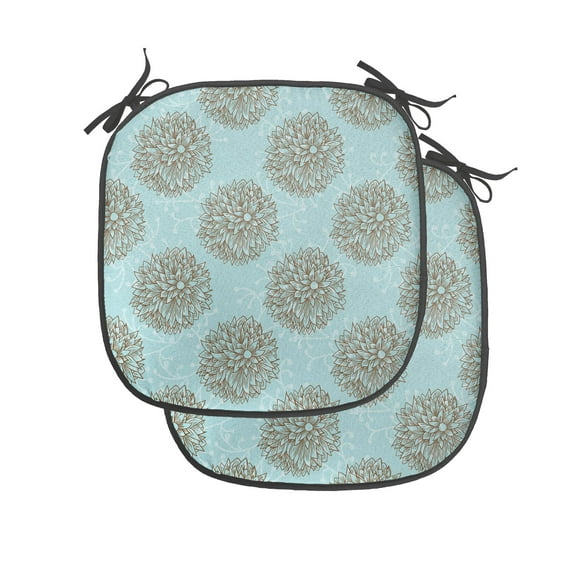 Dahlia Flower Chair Seating Cushion Set of 4, Exotic Boho Image of Hollow Stem Fresh Garden Summertime, Seat Pads for Office with Anti-slip Backing, 16"x16", Blue Brown, by Ambesonne