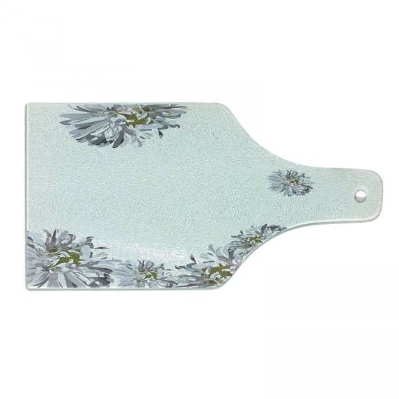 Dahlia Flower Cutting Board, Flourishing Summertime Fusion Poppy Chamomile Purity of Habitat Art, Decorative Tempered Glass Cutting and Serving Board, Wine Bottle Shape, Grey Mustard, by Ambesonne
