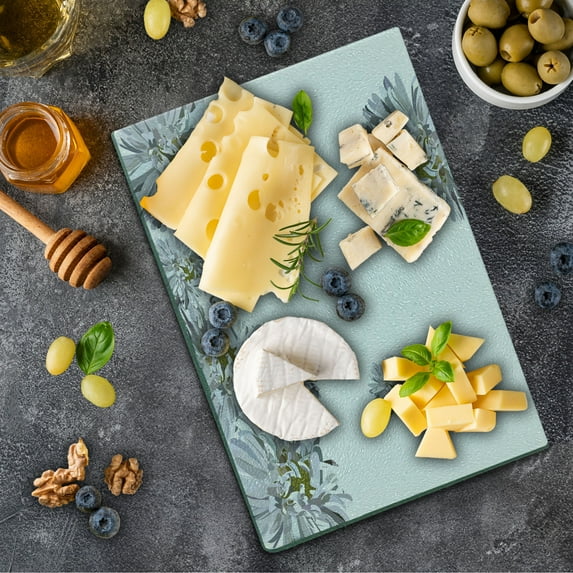 Dahlia Flower Cutting Board, Flourishing Summertime Fusion Poppy Chamomile Purity of Habitat Art, Decorative Tempered Glass Cutting and Serving Board, Small Size, Grey Mustard, by Ambesonne