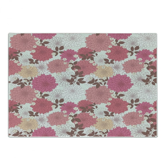 Dahlia Flower Cutting Board, Springtime Inspired Mix of Blossoms Bouquet Romantic Feminine Retro Leaflets, Decorative Tempered Glass Cutting and Serving Board, Small Size, Pink Grey, by Ambesonne