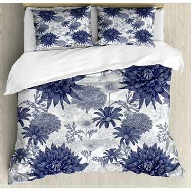 Dahlia Flower Decor King Size Duvet Cover Set, Dotted Digital Paint of Dahlias Botanical Curved Rolled Wild Ray Blunts, Decorative 3 Piece Bedding Set with 2 Pillow Shams, Blue White, by Ambesonne