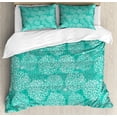 thumbnail image 1 of Dahlia Flower Decor King Size Duvet Cover Set, Repeating Figures Fashioned Dots Spots Mother Earth Peony Graphic Image, Decorative 3 Piece Bedding Set with 2 Pillow Shams, White Teal, by Ambesonne, 1 of 3