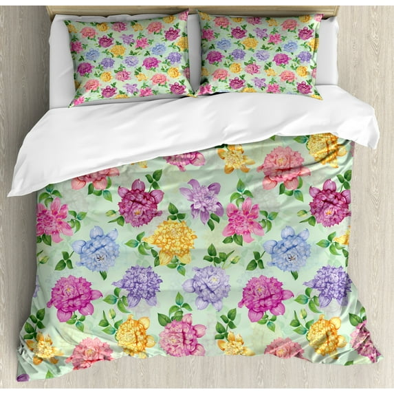 Dahlia Flower Decor King Size Duvet Cover Set, Vibrant Victorian Renaissance Medieval Motifs Retro Ombre Floret Design, Decorative 3 Piece Bedding Set with 2 Pillow Shams, Multi, by Ambesonne