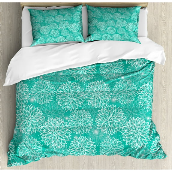Dahlia Flower Decor Queen Size Duvet Cover Set, Repeating Figures Fashioned Dots Spots Mother Earth Peony Graphic Image, Decorative 3 Piece Bedding Set with 2 Pillow Shams, White Teal, by Ambesonne