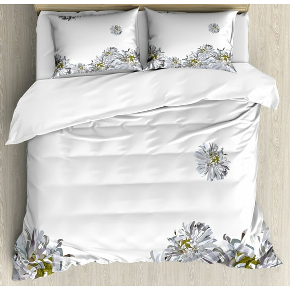 Dahlia Flower Duvet Cover Set King Size, Flourishing Summertime Fusion Poppy Chamomile Purity Icons of Habitat Art, Decorative 3 Piece Bedding Set with 2 Pillow Shams, Grey Mustard, by Ambesonne