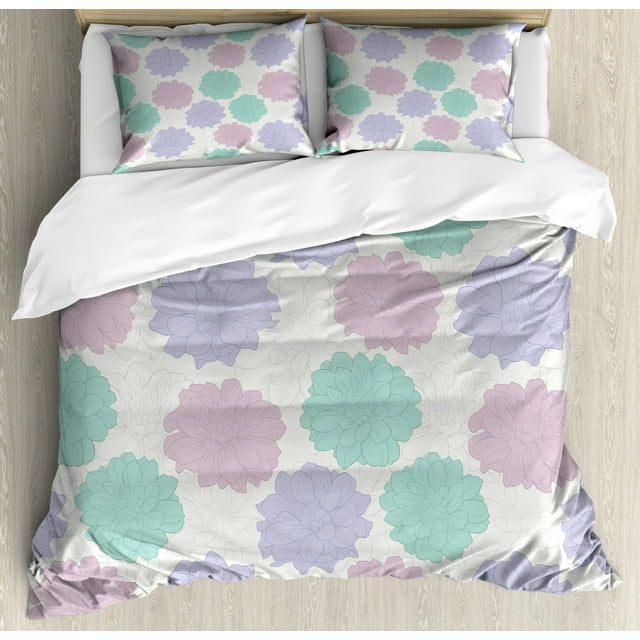 Dahlia Flower Duvet Cover Set King Size, National Local Mexican Flower Ancient Aztec Culture Perennial Roots Plant, Decorative 3 Piece Bedding Set with 2 Pillow Shams, Multicolor, by Ambesonne
