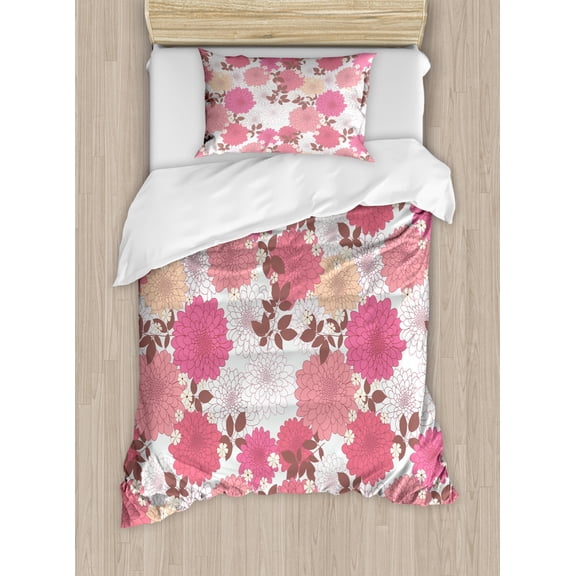 Dahlia Flower Duvet Cover Set Twin Size, Springtime Inspired Mix of Blossoms Bouquet Romantic Feminine Retro Leaflets, Decorative 2 Piece Bedding Set with 1 Pillow Sham, Pink Grey, by Ambesonne