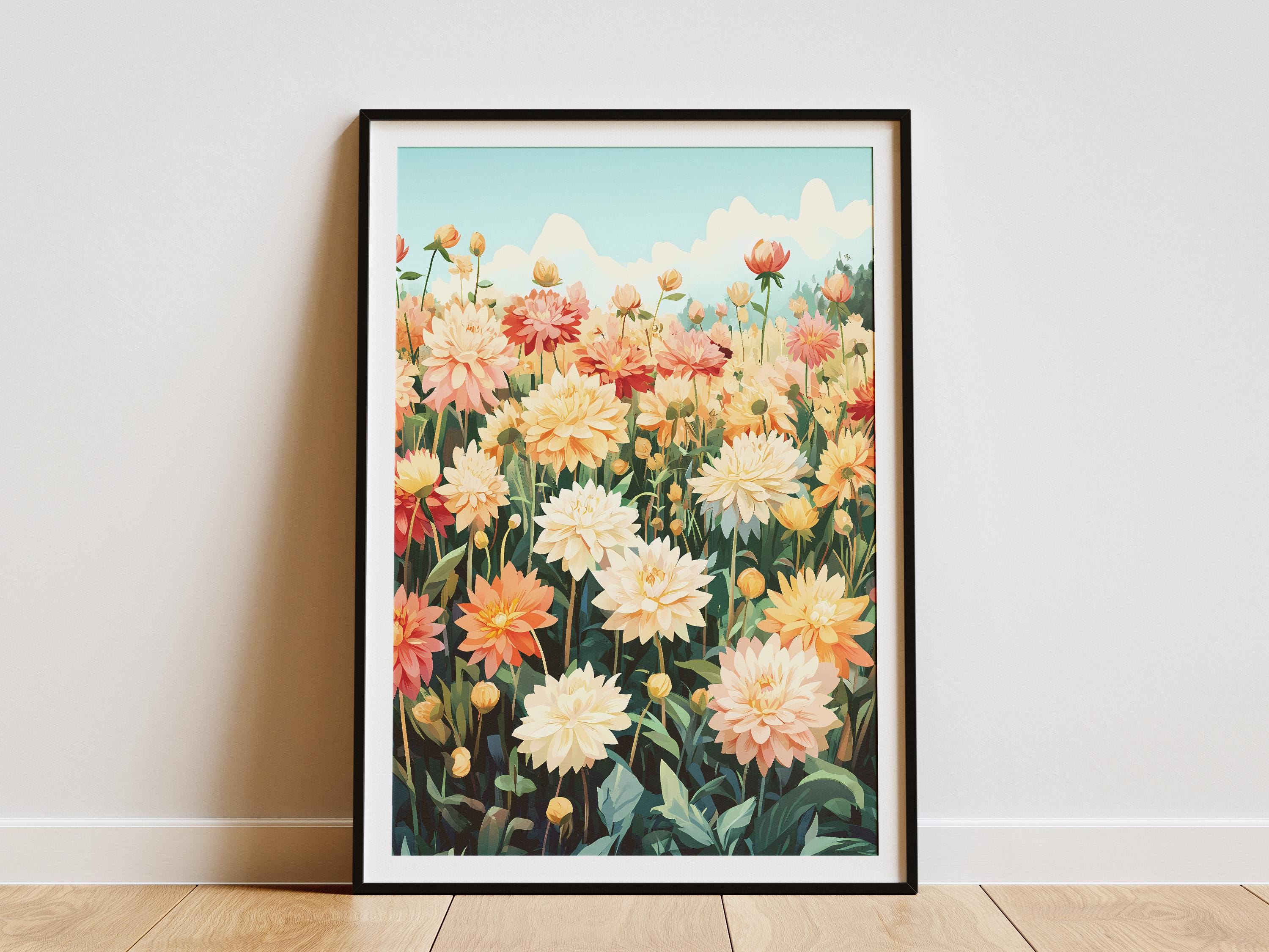 Dahlia Flower Field Poster Botanical Art Print Summer Floral Wall Decor ...