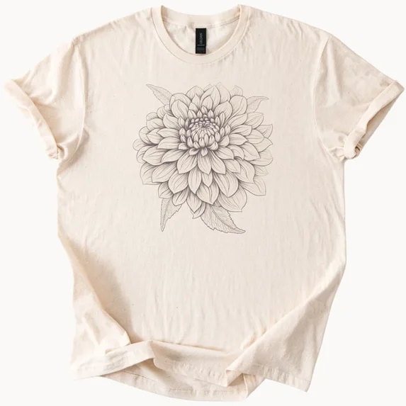 Dahlia Flower Graphic Tee Hand Drawn Botanical Bloom Nature Shirt Unisex S-5XL Hot Trending Shirt, Vintage Birthday Gift