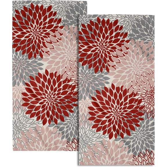 Dahlia Flower Hand Towels Set of 2, 14x28 Inch Red Grey Paisley Chrysanthemum Floral Tea Towel Absorbent Microfiber Cleaning Wash Cloth for Kitchen Bathroom Home Decor Gift