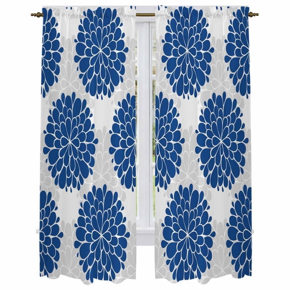 Dahlia Flower Kitchen Curtains, Farmhouse Botanical Blue Grey Floral Light Filtering Window Curtain Panels, 2Pcs Rod Pocket Window Treatments Set for Living Room Bathroom Bedroom 52x72 Inches
