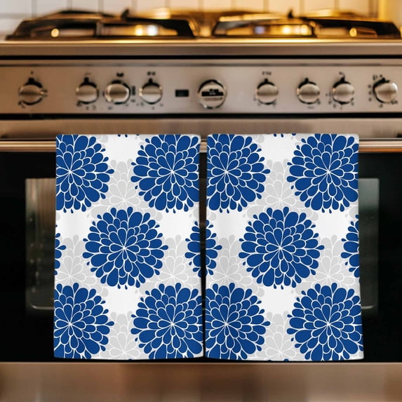 Dahlia Flower Kitchen Towels Set of 1, Farmhouse Botanical Blue Grey Floral Absorbent Dish Towels for Kitchen, Microfiber Hand Towel, Quick Drying Tea Towel for Cleaning Decorative Dishcloths