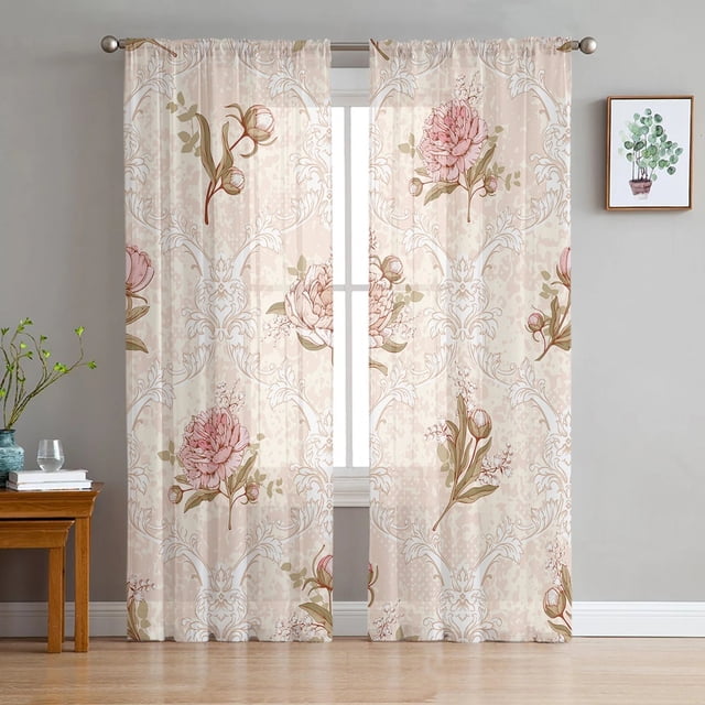 Dahlia Flower Leaves Retro Tulle Curtains for Living Room Bedroom Voile Sheer Curtain Window ...
