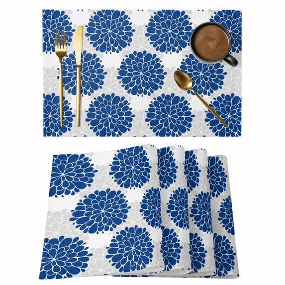 Dahlia Flower Placemats Set of 6, Farmhouse Botanical Blue Grey Floral Placemats for Dining Table, Place Mats for Kitchen Tabletop, Waterproof Wipeable Dining Table Mats Set