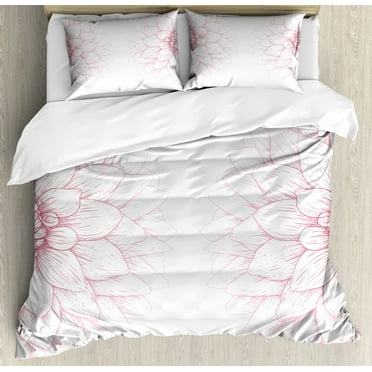 Dahlia Flower Queen Size Duvet Cover Set, Simplistic Drawing of Bushy Sunflower Daisy Like Large Petals Image Print, Decorative 3 Piece Bedding Set with 2 Pillow Shams, White Pink, by Ambesonne