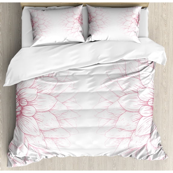 Dahlia Flower Queen Size Duvet Cover Set, Simplistic Drawing of Bushy Sunflower Daisy Like Large Petals Image Print, Decorative 3 Piece Bedding Set with 2 Pillow Shams, White Pink, by Ambesonne