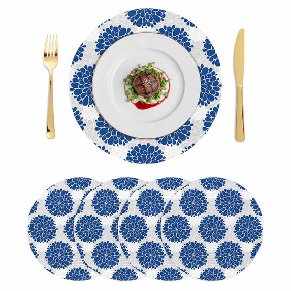 Dahlia Flower Round 15 Inch Placemats Set of 4, Farmhouse Botanical Blue Grey Floral HeatResistant Non Slip Place Mats for Dining Table, Wipeable Braided Kitchen Table Mats for Housewarming