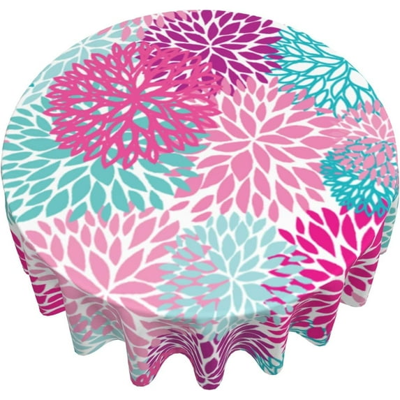 Dahlia Flower Round Tablecloth 60 Inch Pink Teal Blue Floral Circular Table Cloth Spring Dahlia Pinnata Blooming Table Cover for Dining Kitchen Parties Wedding