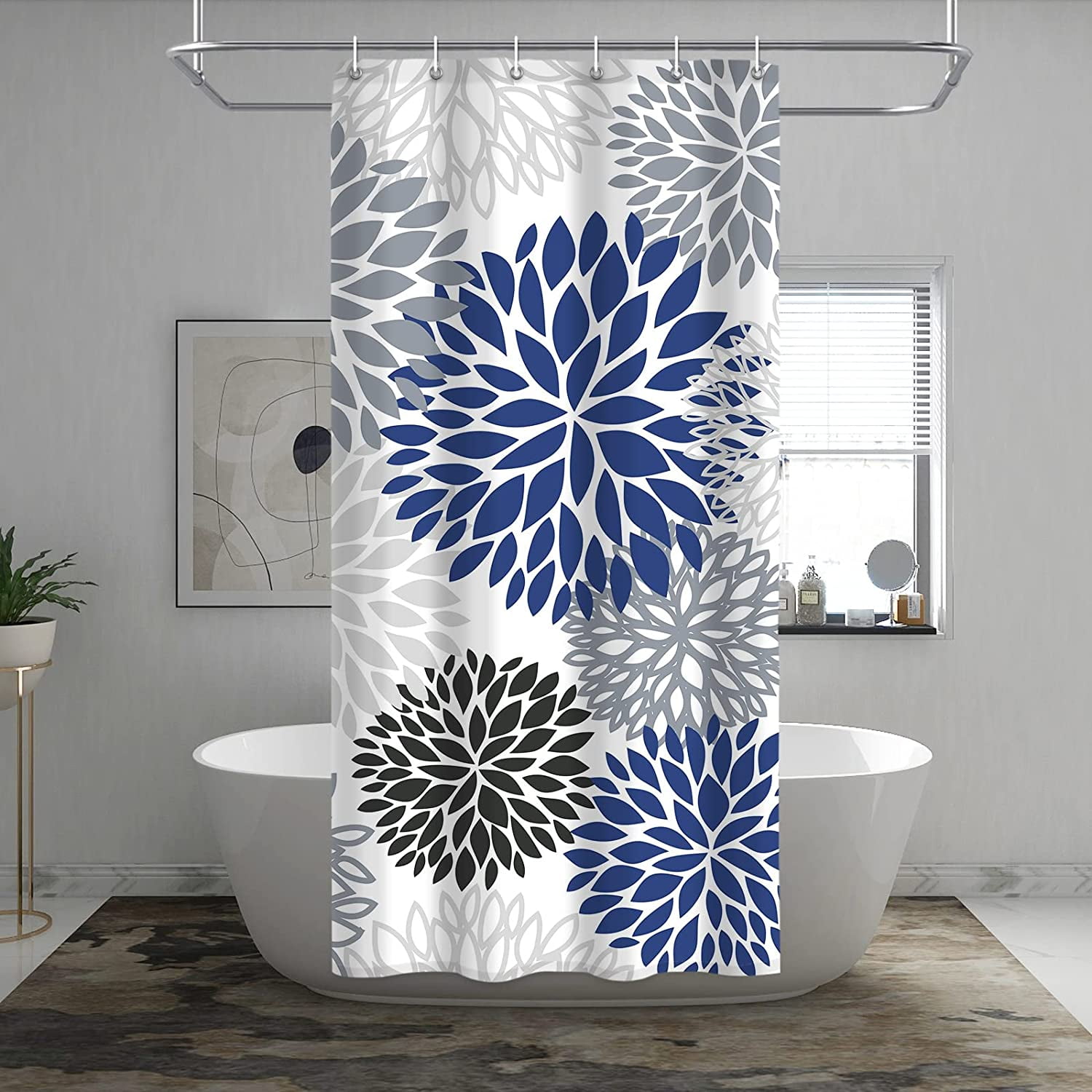 Dahlia Flower Shower Curtain, Floral Bathroom Decor, Waterproof Polyester Fabric Blue Grey Set, with 12 Hooks 36 x 72 Inches