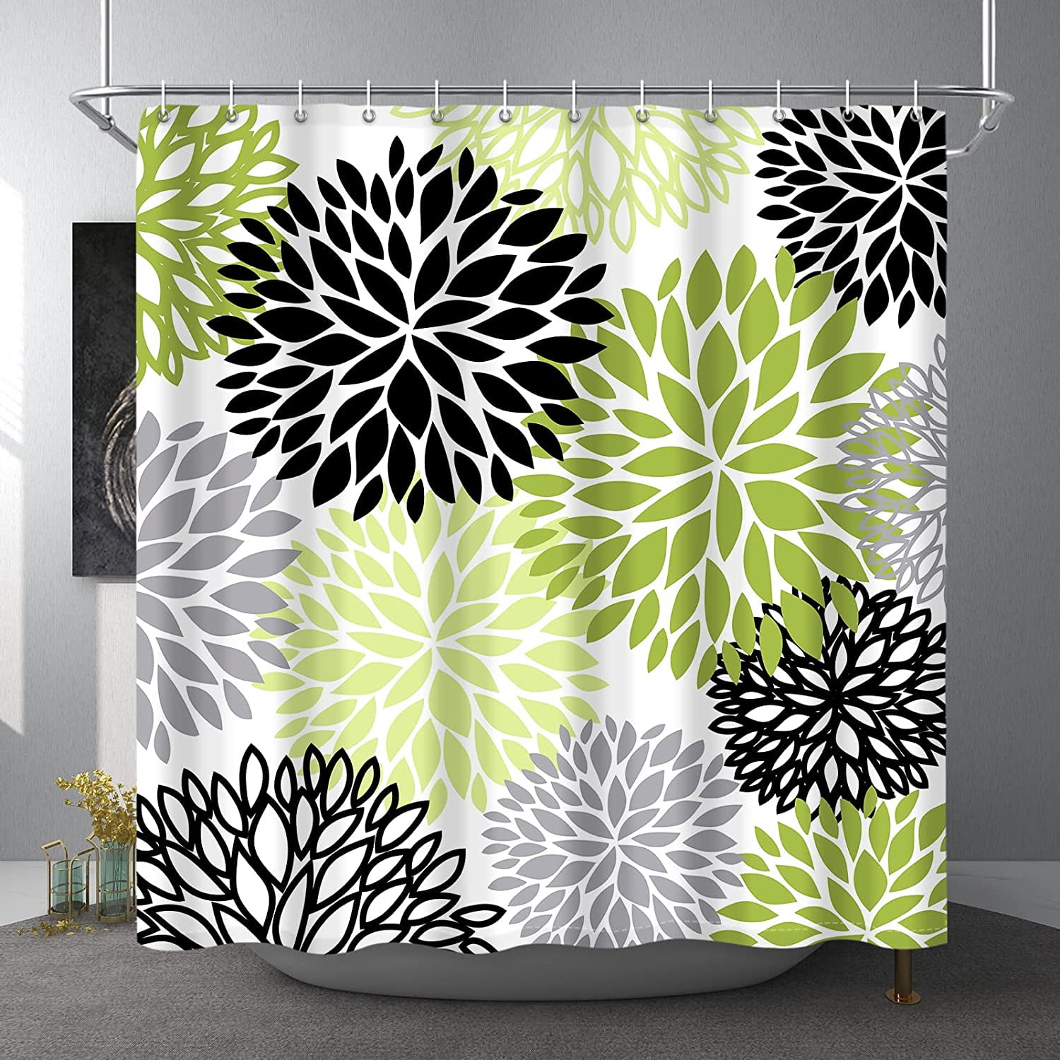 Dahlia Flower Shower Curtain, Floral Bathroom Decor, Waterproof Polyester Fabric Sage Green Black Grey Set, with 12 Hooks 72 x 72 Inches
