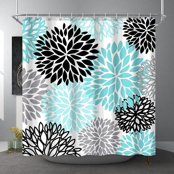 Dahlia Flower Shower Curtain, Floral Bathroom Decor, Waterproof Polyester Fabric Sky Blue Grey Black Set, with 12 Hooks 72 x 72 Inches