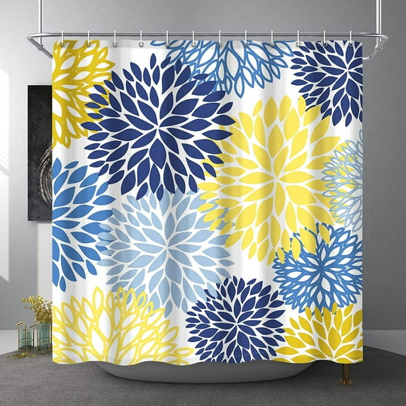 Dahlia Flower Shower Curtain, Floral Bathroom Decor, Waterproof Polyester Fabric Yellow Navy Blue Set, with 12 Hooks 72 x 72