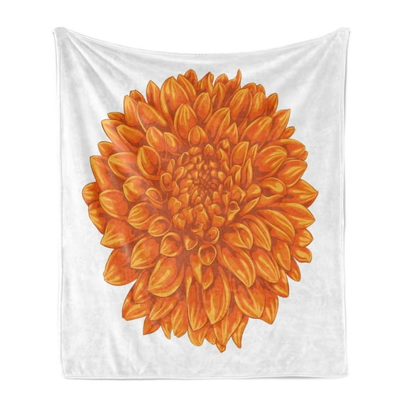 Dahlia Flower Soft Flannel Fleece Blanket, Funk Art Old Vintage Floral Leaf Love Valentine's Day Special Celebration Theme, Cozy Plush for Indoor and Outdoor Use, 60" x 80", Orange, by Ambesonne