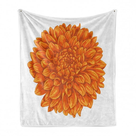 Dahlia Flower Soft Flannel Fleece Blanket, Funk Art Old Vintage Floral Leaf Love Valentine's Day Special Celebration Theme, Cozy Plush for Indoor and Outdoor Use, 50" x 70", Orange, by Ambesonne