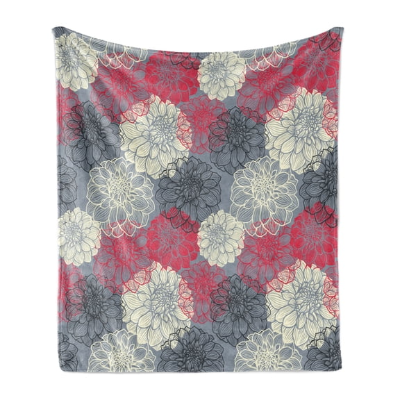 Dahlia Flower Soft Flannel Fleece Blanket, Hand Drawn Repeating Big and Small Flowers Motif with Color Element Effects, Cozy Plush for Indoor and Outdoor Use, 70" x 90", Multicolor, by Ambesonne