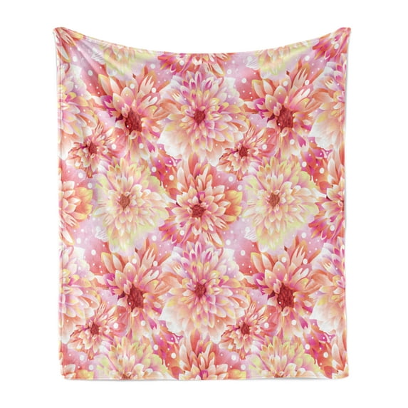 Dahlia Flower Soft Flannel Fleece Throw Blanket, Double Apple Blossom with Overlap Axis and Twist Bluntly Circle Pompons, Cozy Plush for Indoor and Outdoor Use, 70" x 90", Pink Yellow, by Ambesonne
