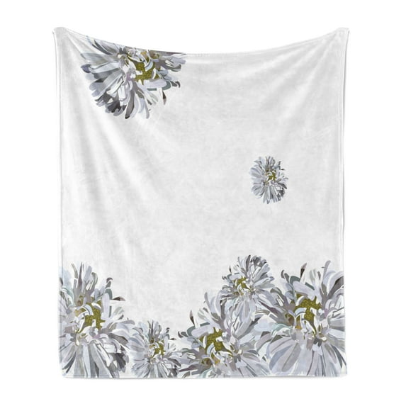 Dahlia Flower Soft Flannel Fleece Throw Blanket, Flourishing Summertime Fusion Poppy Chamomile Purity of Habitat Art, Cozy Plush for Indoor and Outdoor Use, 70" x 90", Grey Mustard, by Ambesonne