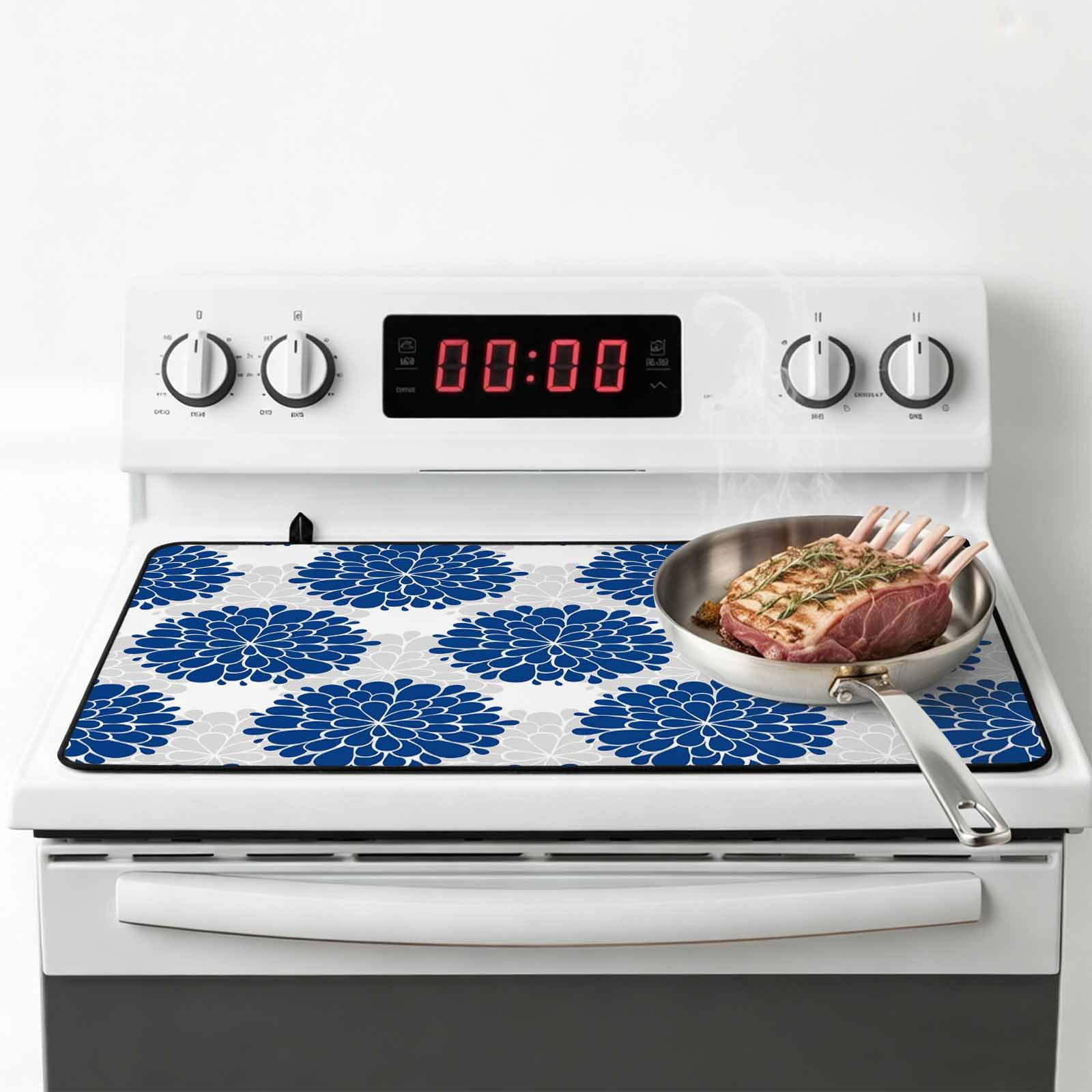 Dahlia Flower Stove Top Cover for Electric Stove, Heat-proof & Non Slip Glass Top Stove Cover Protector, Farmhouse Botanical Blue Grey Floral Kitchen Flat Cooktop Rubber Mat 24x21 Inches