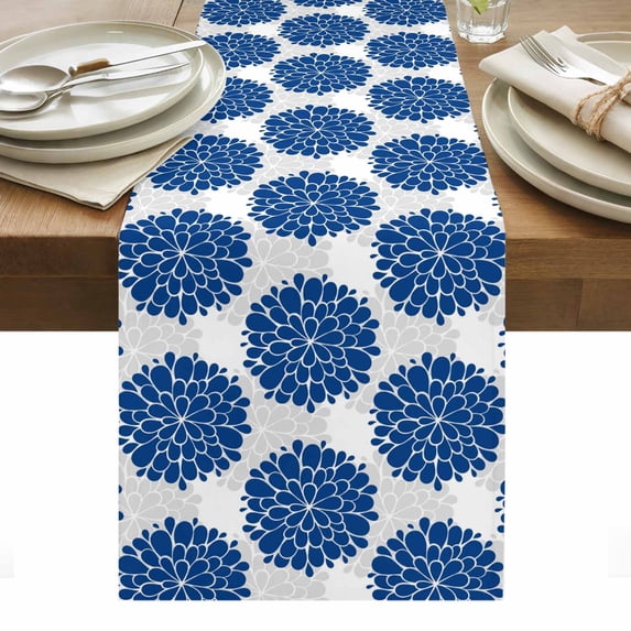 Dahlia Flower Table Runner - 108 Inch Long, Kitchen Dining Table Runner Dresser Scarves, Farmhouse Botanical Blue Grey Floral Farmhouse Decor for Coffee Tables Wedding Party Banquet
