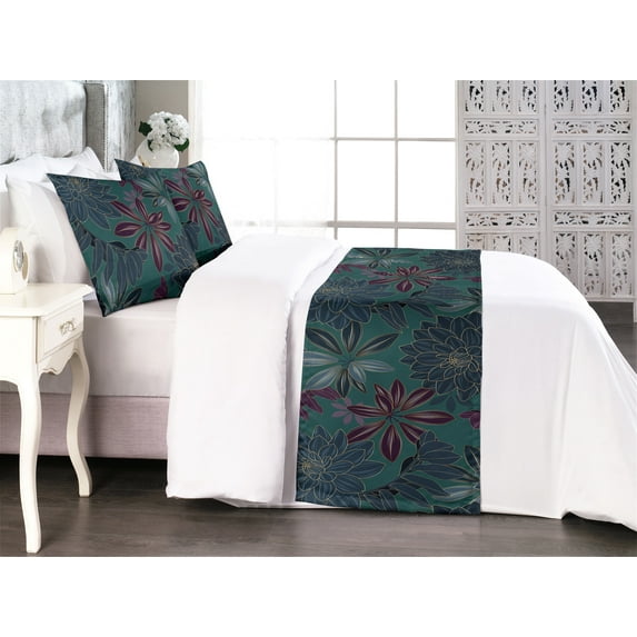Dahlia Flowers Bed Runner Set, Simple Floral Scene with Oriental Lines on Forest Tone Backdrop, Decorative Bedding Scarf & 2 Pillow Shams for Hotels Homes, King, Teal Plum Dark Lavender, by Ambesonne