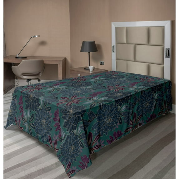 Ambesonne Dahlia Flowers Flat Bedding Sheet Soft Top Sheet, Floral Scene Jungle, Twin, Teal Plum Dark Lavender