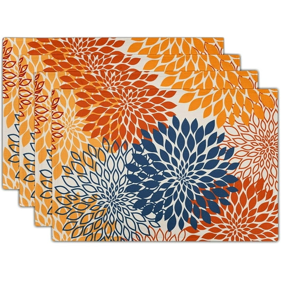 Dahlia Flowers Placemats Set of 4,12x18 Inch Orange Blue Modern Pinnata Floral Print Stain Resistant Washable Place Mats for Home Kitchen Dining Room Party Table Decor