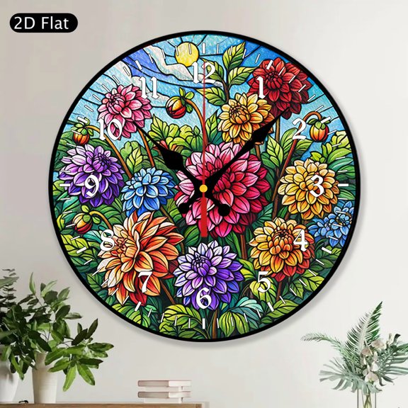 Dahlia Flowers Round Wall Clock, MDF Wood Home Decor Clock, Flower Lover Gift For Mom, Dahlia Flower Decor for Living Room, Gift For Her
