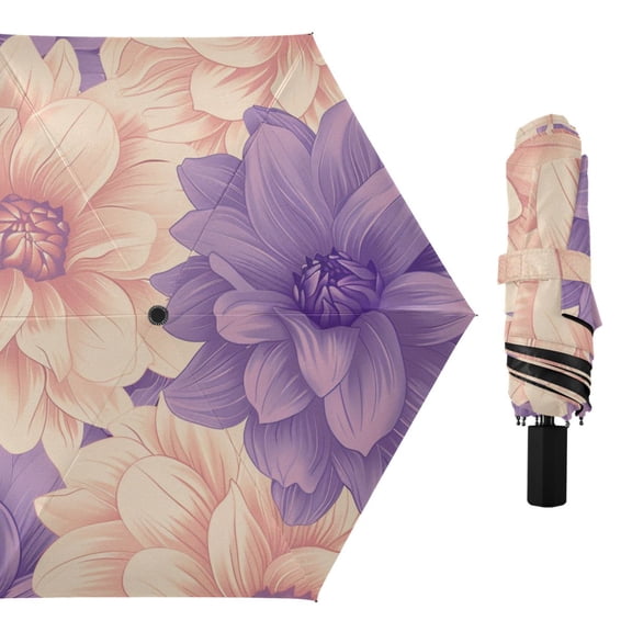 Dahlia Hand Painted All Weather Umbrella Triple Folding Parasol 6 Ribs UV Protection Portable