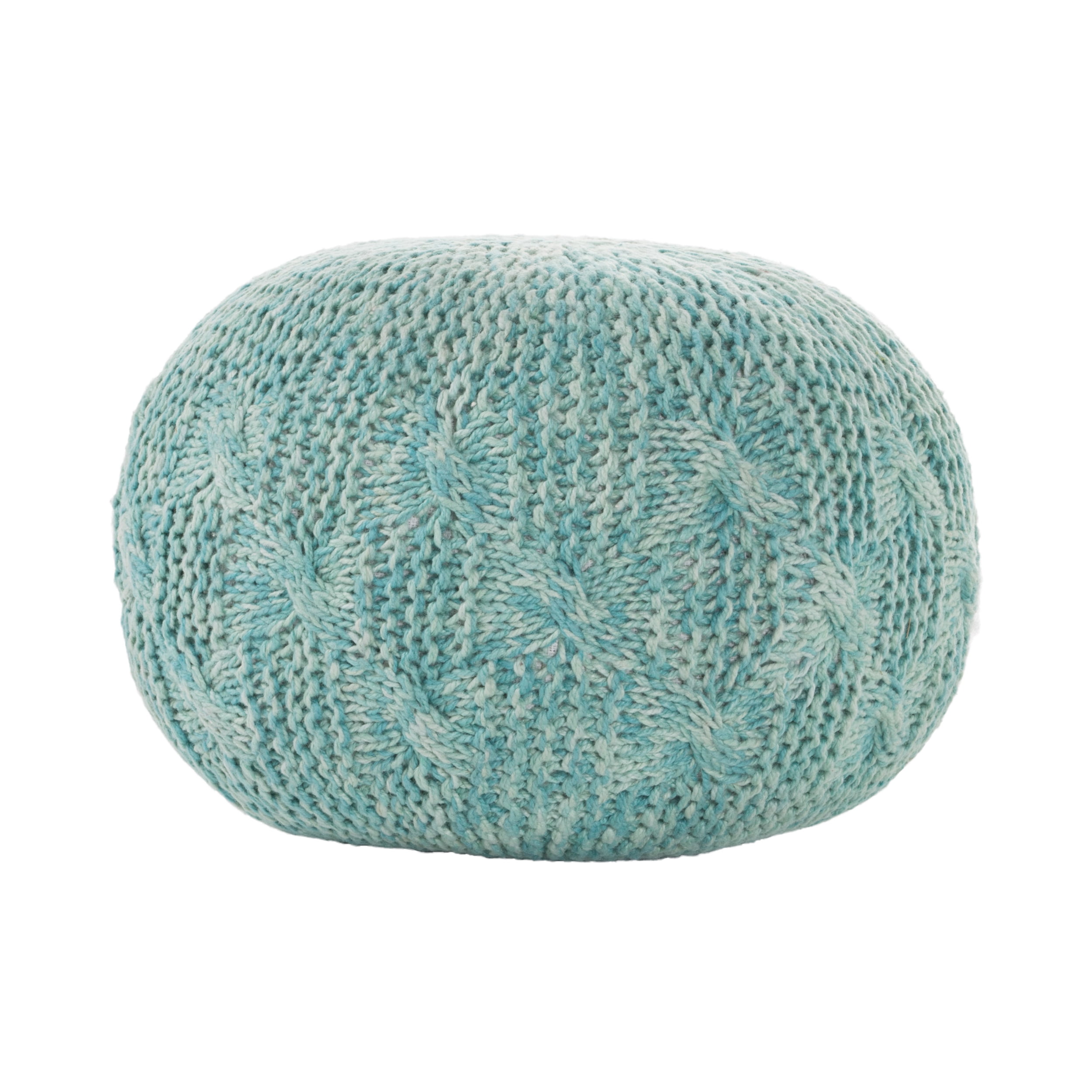 Dahlia Indoor/ Outdoor Aqua Fabric Hand Knit Pouf